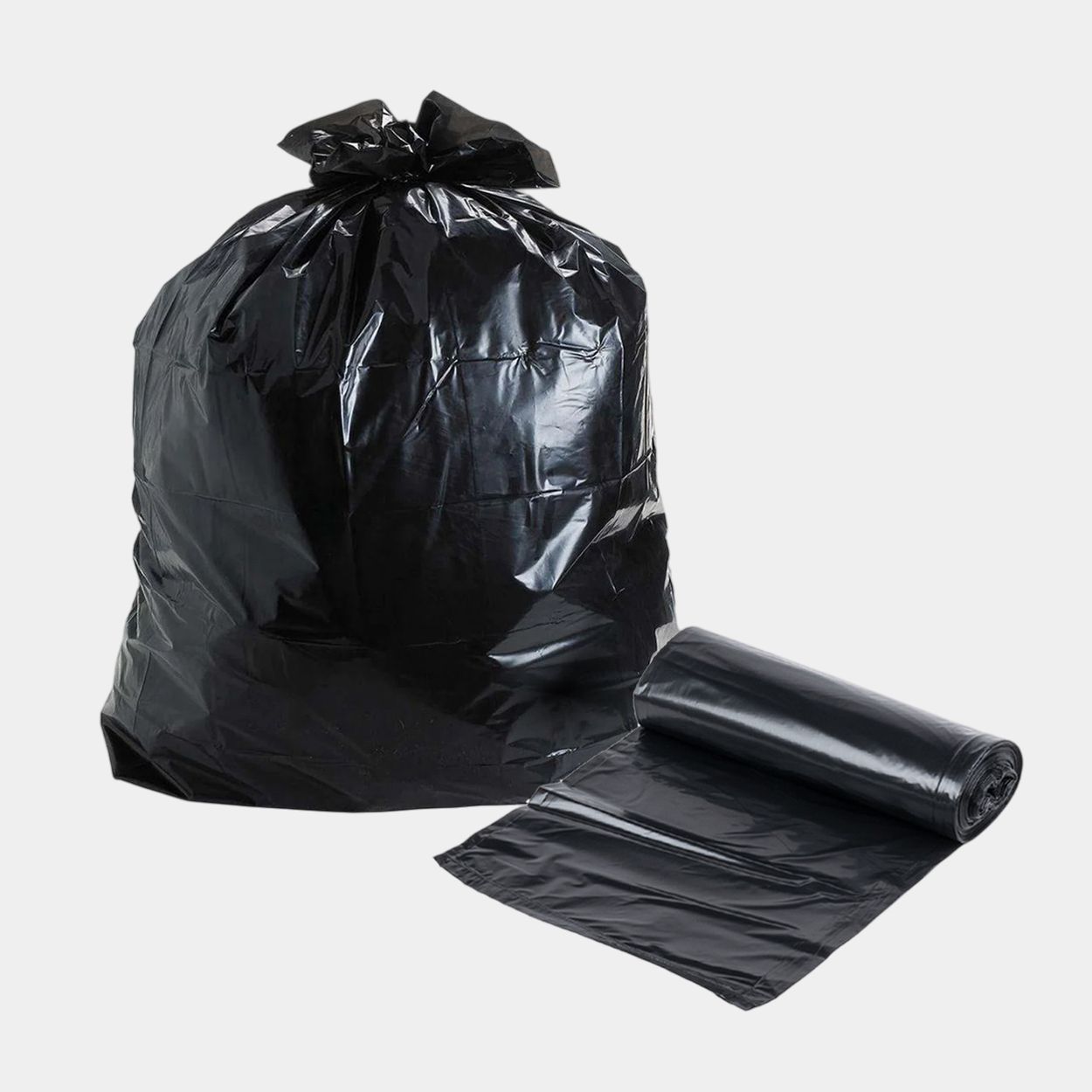 Case of 38x58 heavy duty black reprocessed resin can liners, 2 mil thick, 60-gallon capacity, puncture-resistant, 100 bags total.