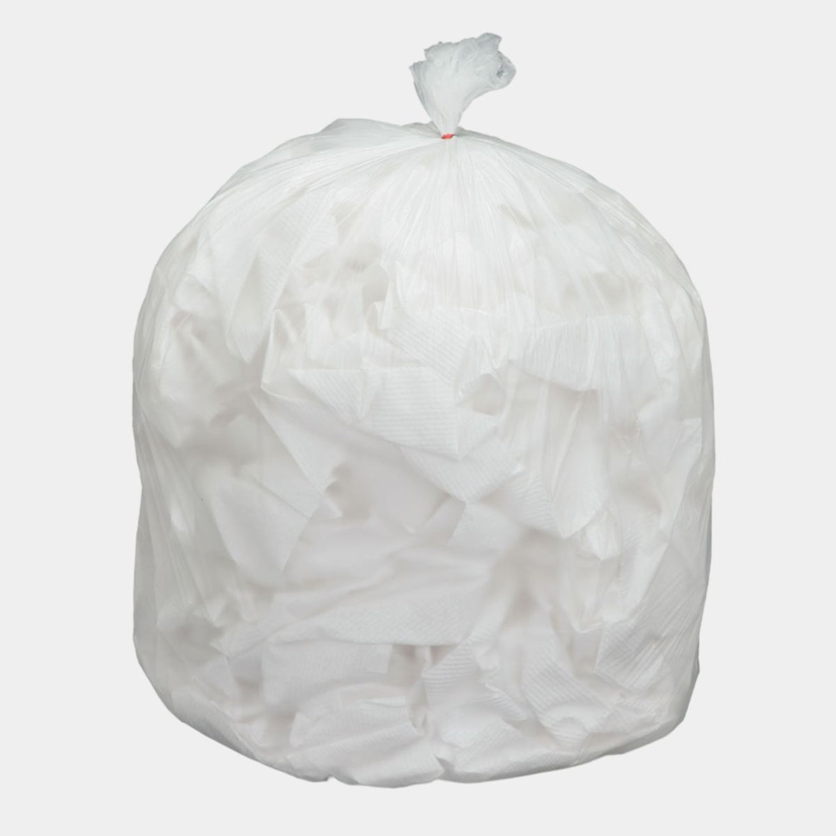 Case of 40x48 natural trash can liners for 45-gallon containers, 25 bags per roll, 10 rolls per case, 250 bags total.
