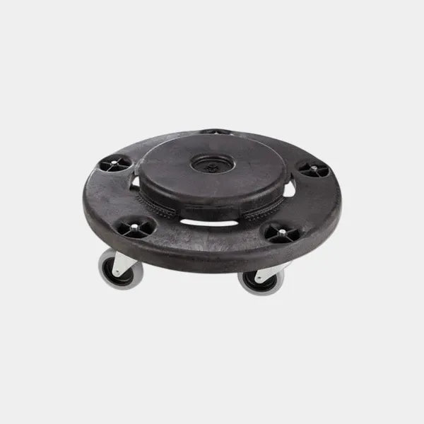 Rubbermaid® Commercial Brute Round Twist On/Off Dolly, 250 lb Capacity, 18" dia x 6.63"h, Fits 20 to 55 Gallon BRUTE Containers, Black