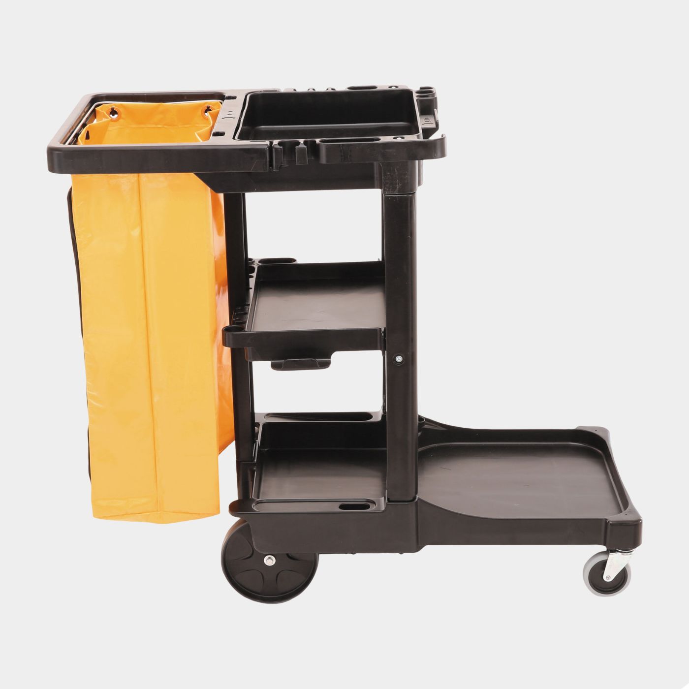 Rubbermaid Commercial Multi-Shelf Cleaning Cart, Plastic, 4 Shelves, 1 Bin, 20" x 45" x 38.25", Black